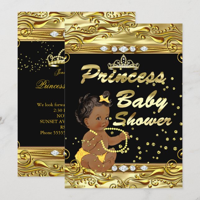 Princess Baby Shower Black Gold Sprinkle Ethnic Invitation (Front/Back)