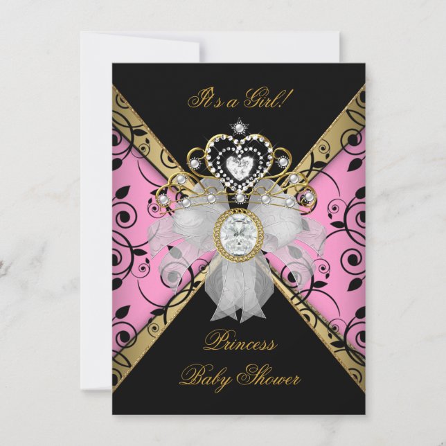 Princess Baby Shower Girl Damask Black Pink Invitation (Front)