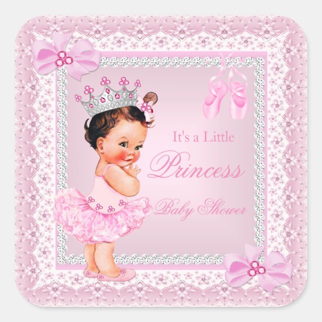 Princess Baby Shower Girl Pink Ballerina Brunette Square Sticker (Front)