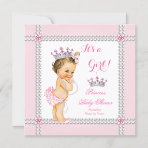 Princess Baby Shower Girl Pink Pearls Brunette Invitation
