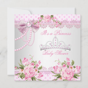 Princess Baby Shower Girl Pink Rose Pearl Lace Invitation