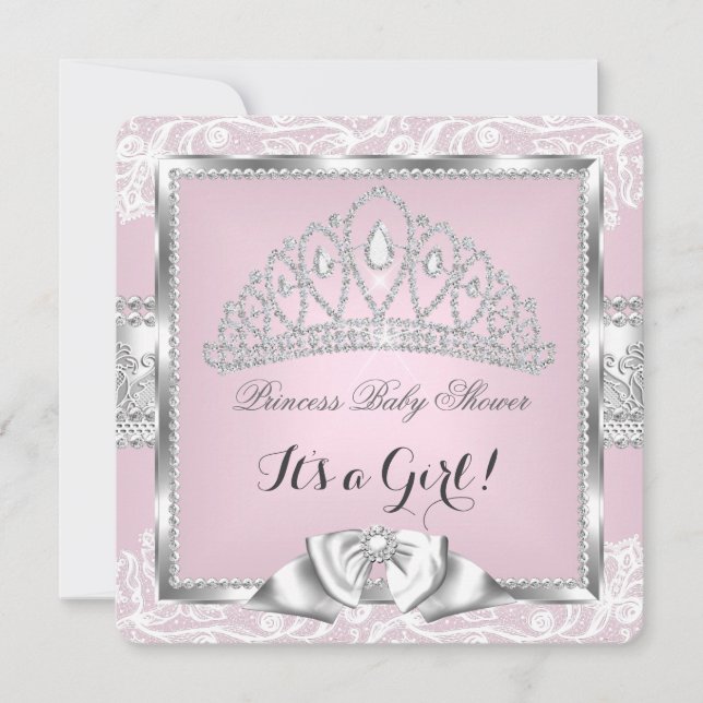 Princess Baby Shower Girl Pink Silver Lace 4 Invitation (Front)