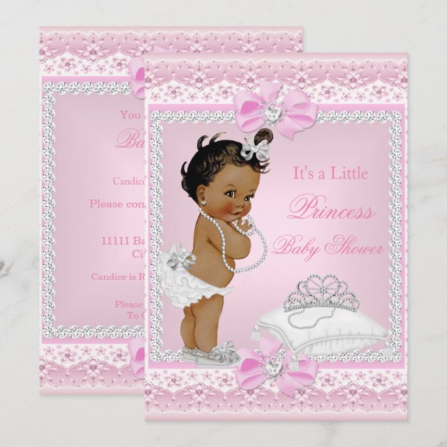 Princess Baby Shower Girl Pink Tiara Heart Ethnic Invitation (Front/Back)