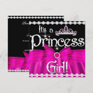 Princess Baby Shower Hot Pink Bow Silver Tiara 2 Invitation