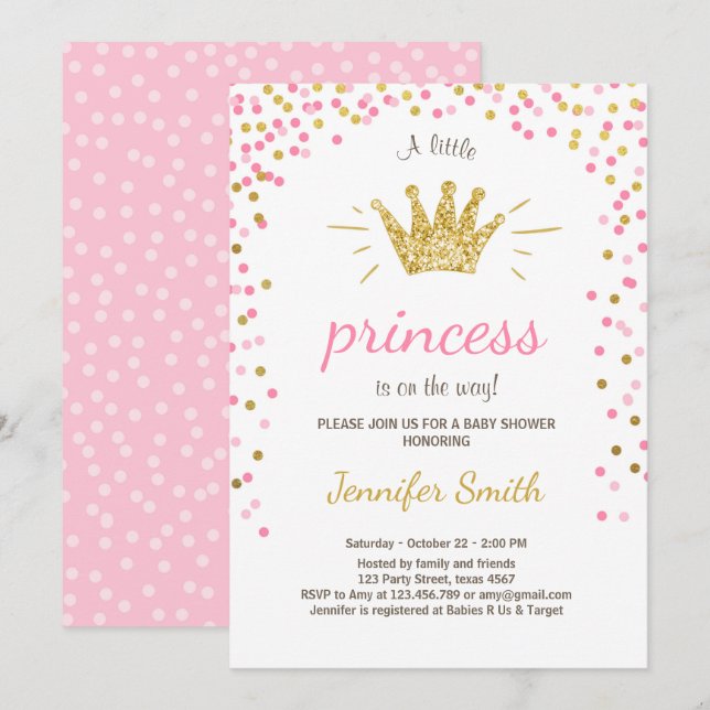 Princess Baby Shower Invitation Pink Gold Glitter (Front/Back)