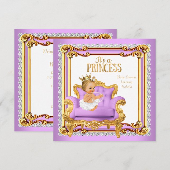 Princess Baby Shower Lilac Pink Gold Chair Blonde Invitation (Front/Back)