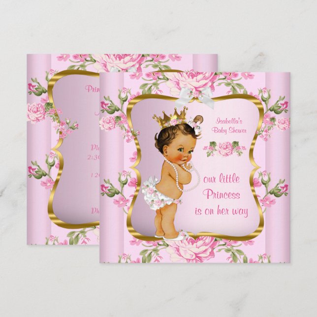 Princess Baby Shower Pink Gold Floral Brunette Invitation (Front/Back)
