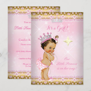 Princess Baby Shower Pink Gold Lace Tiara Brunette Invitation
