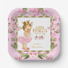 Princess Baby Shower Pink Gold Rose Floral Blonde Paper Plate