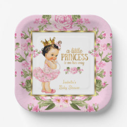 Princess Baby Shower Pink Gold Rose Floral Paper Plate