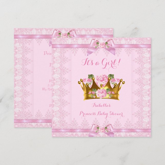 Princess Baby Shower Pink Rose Lace Bow Invitation (Front/Back)