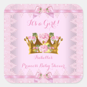 Princess Baby Shower Pink Rose Lace Bow Square Sticker