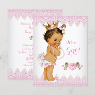 Princess Baby Shower Pink Rose Lace White Brunette Invitation
