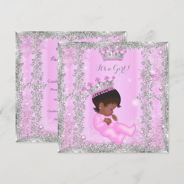Princess Baby Shower Pink Silver African American Invitation (Front/Back)
