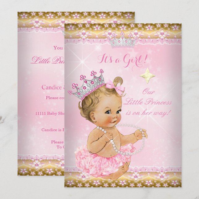 Princess Baby Shower Pink Tutu Gold Tiara Blonde Invitation (Front/Back)