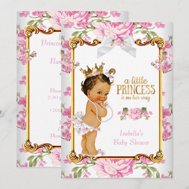 Princess Baby Shower Pink White Floral Brunette 2 Invitation (Front/Back)