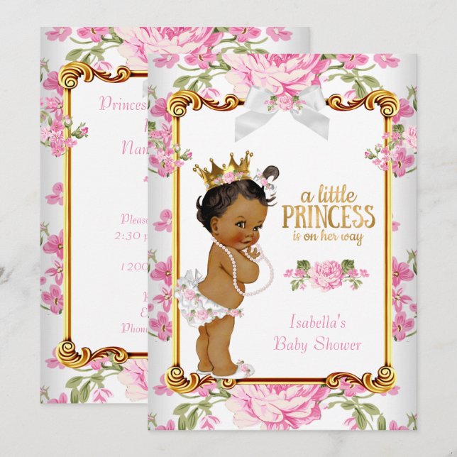 Princess Baby Shower Pink White Floral Ethnic 2 Invitation (Front/Back)