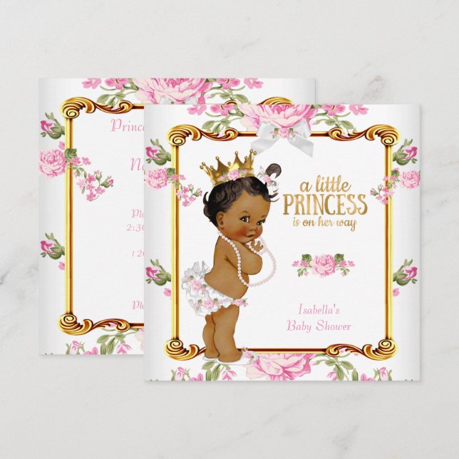 Princess Baby Shower Pink White Floral Ethnic Invitation (Front/Back)
