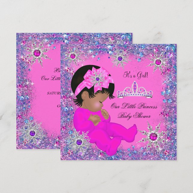 Princess Baby Shower Purple Pink Glitter Ethnic Invitation (Front/Back)
