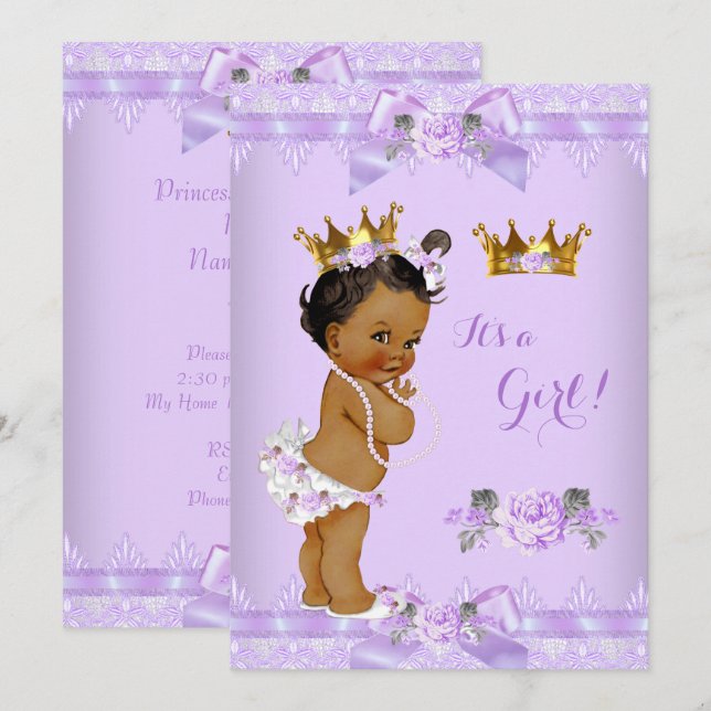 Princess Baby Shower Purple Rose Lace Ethnic Invitation (Front/Back)