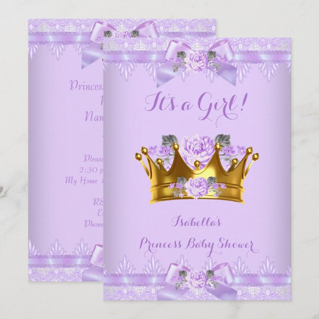 Princess Baby Shower Purple Rose Lavender Lace Invitation (Front/Back)