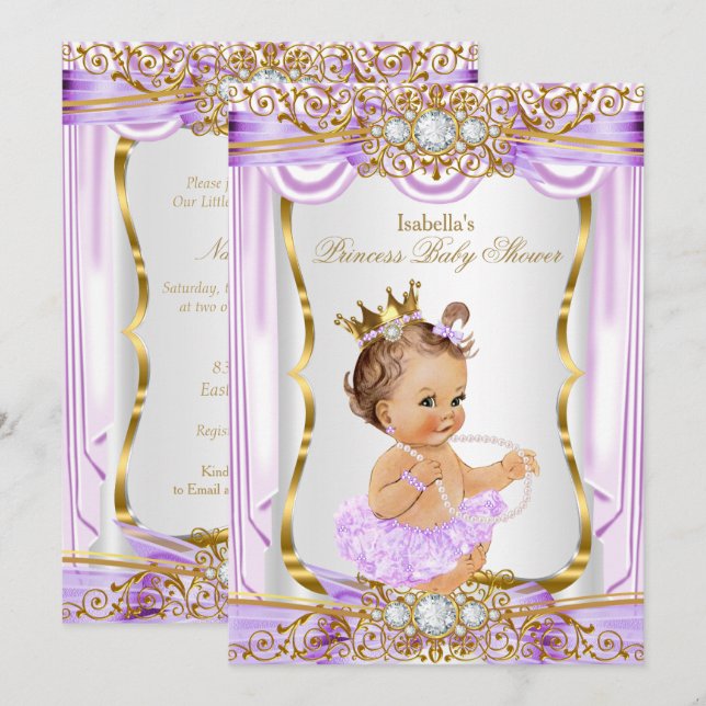 Princess Baby Shower Purple Silk Gold Brunette 2 Invitation (Front/Back)