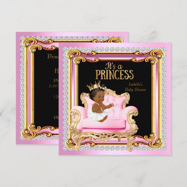 Princess Baby Shower Silver Pink Gold Chair Ethnic Invitation (Front/Back)