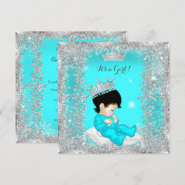 Princess Baby Shower Teal Blue Silver Brunette Invitation
