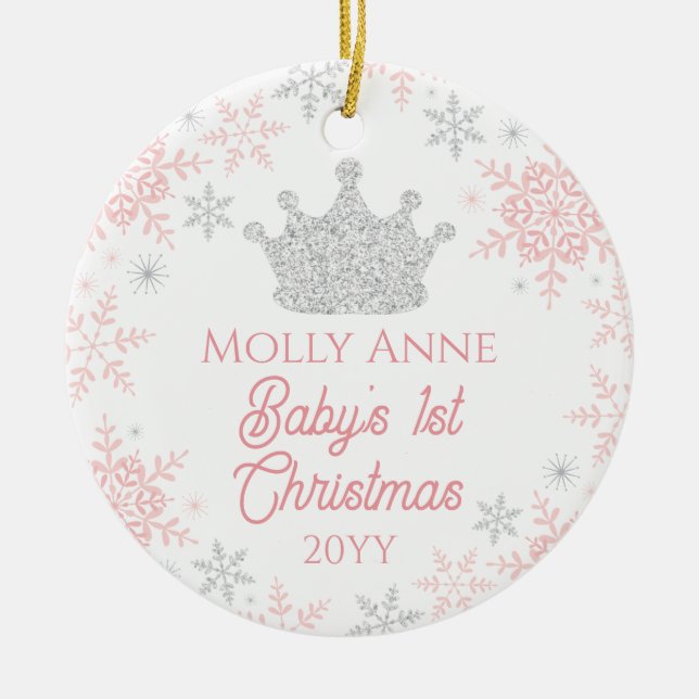 Princess Baby's 1st Christmas Pink Silver Glitter Ceramic Ornament (Front)
