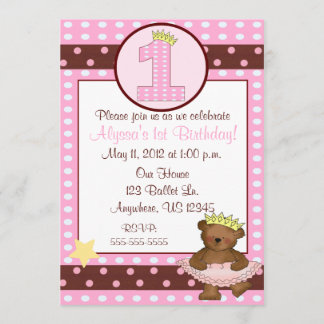 Princess Ballet Bear Girls 1st Birthday Invitation