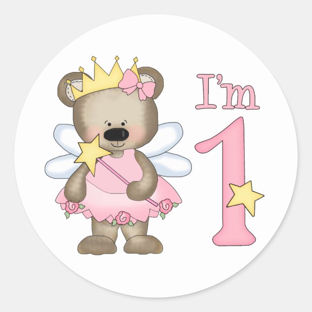 Princess Bear 1st Birthday Classic Round Sticker (Front)