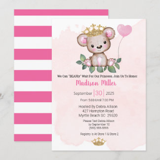  Princess Bear Pink Baby Shower  Invitation