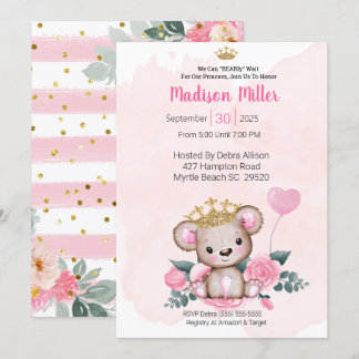  Princess Bear Pink Floral Baby Shower  Invitation