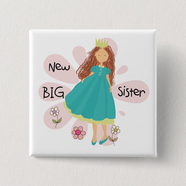 Princess Big Sister Brown Hair 2 Inch Square Button (Front)