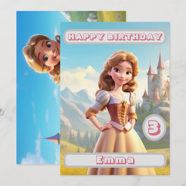 Princess Birthday Card Personalized Name Age Kids (Front/Back)