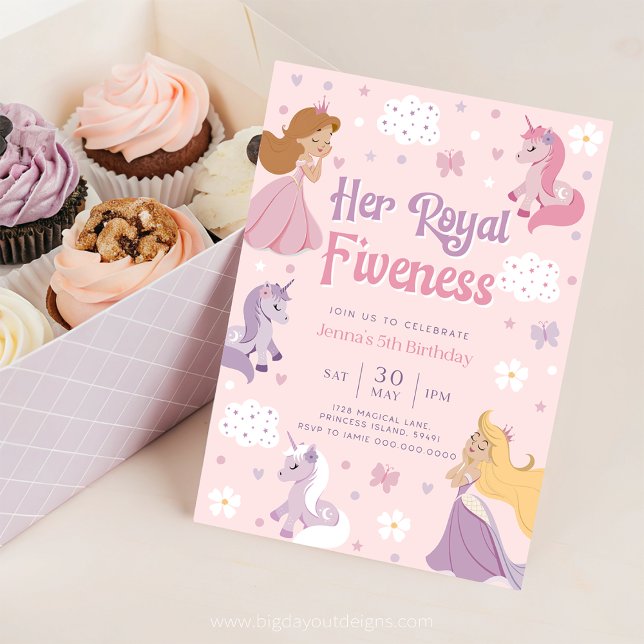 Princess Birthday Invitation Five. Little Princess (Princess and Unicorn Pink 5th Birthday Invitation)