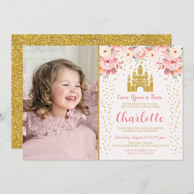 Princess Birthday Invitation Floral Castle (Front/Back)