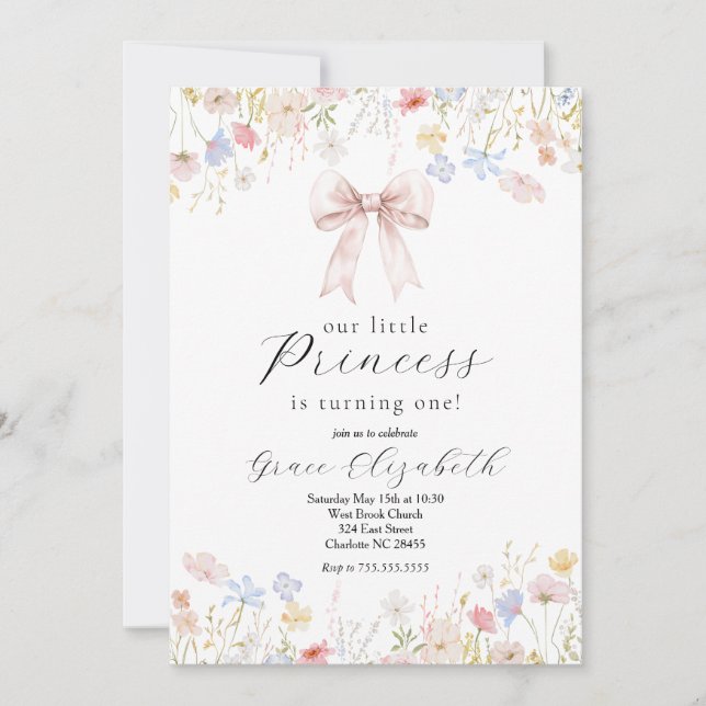  Princess Birthday invitation, pink bow invitation (Front)