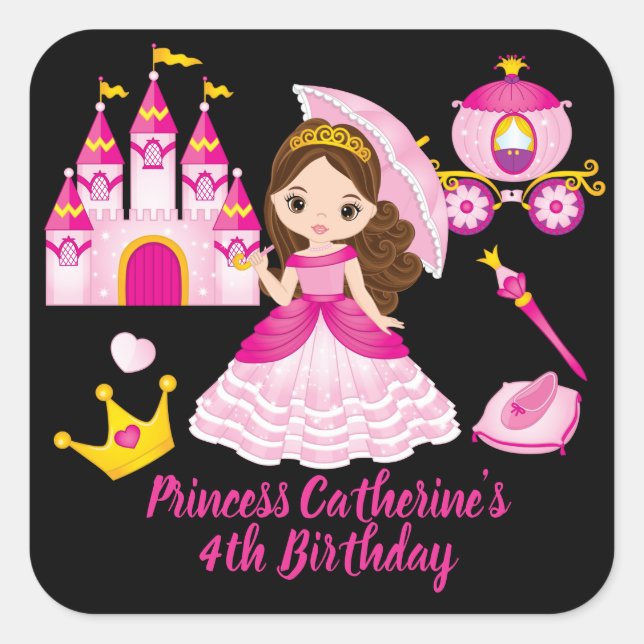Princess Birthday Little Girls Personalized Name Square Sticker (Front)