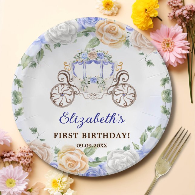 Princess Birthday Party Carriage Blue Floral Paper Plate (Creator Uploaded)