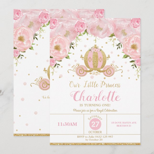 Princess Birthday Party Carriage Pink Floral Invitation (Front/Back)