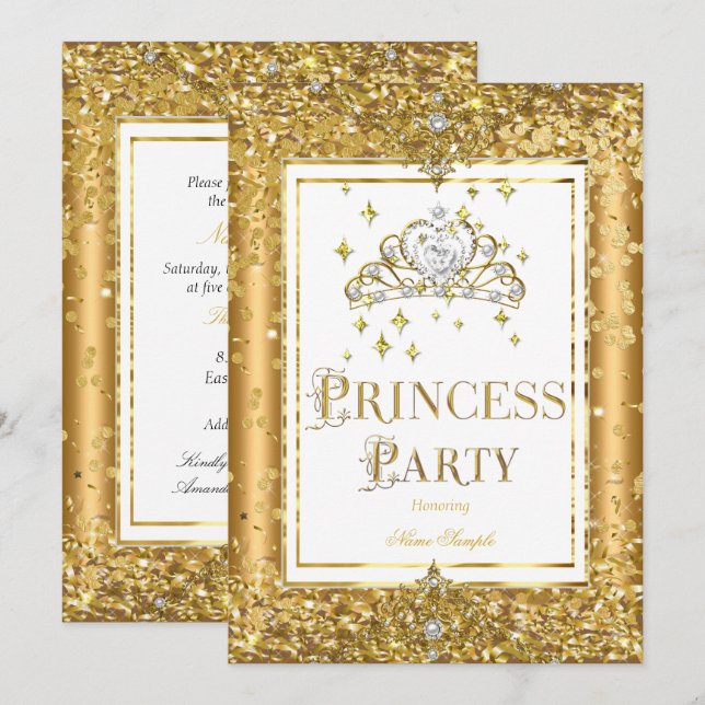 Princess Birthday Party Gold confetti Tiara Invitation (Front/Back)