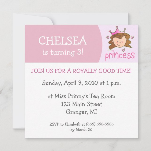 Princess Birthday Party Invitations - Brunette (Front)