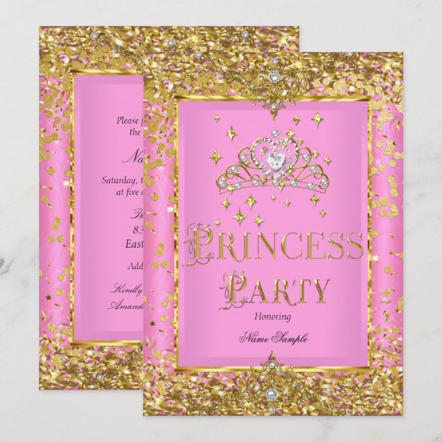 Princess Birthday Party Pink Gold Tiara Invitation (Front/Back)