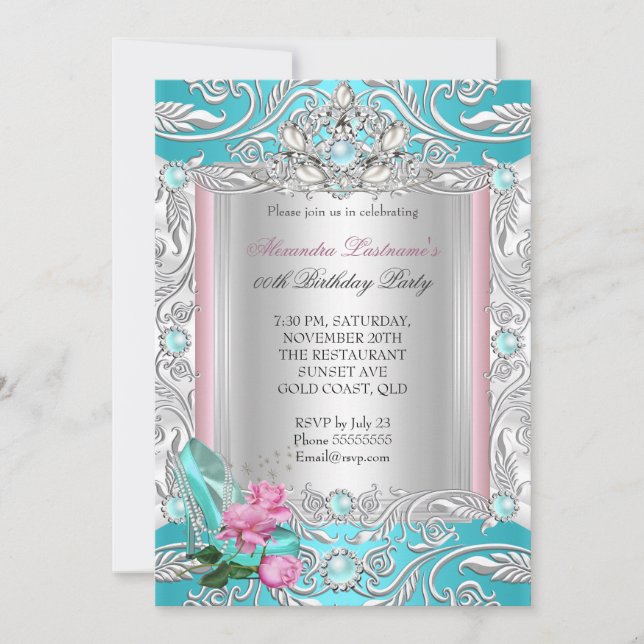 Princess Birthday Party Teal Pink Rose High Heels Invitation (Front)