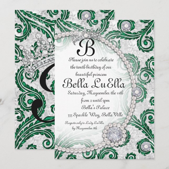 Princess Bling Diamond Pearls Party Invitations (Front/Back)