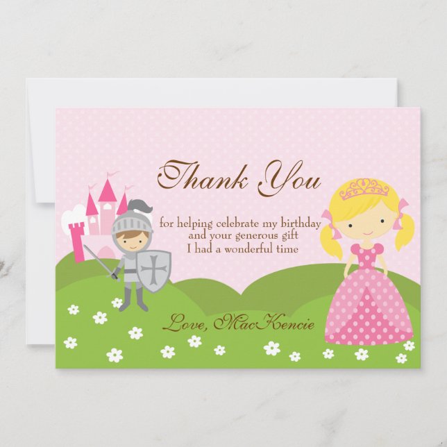 Princess blonde and Knight birthday Thank you card (Front)