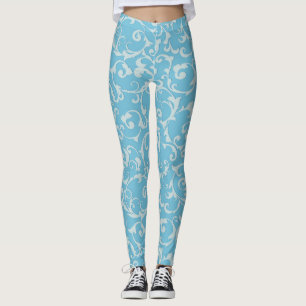 Princess Blue Elegant Royal Damask Swirl Leggings