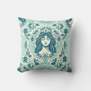 Princess Blue Green with Flowers Throw Pillow