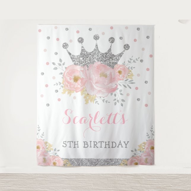 Princess Blush Floral Silver Crown Baby Birthday Tapestry (Front)